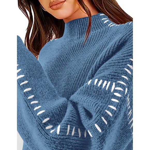 Prettygarden Women's Blue Fall Long Sleeve Mock Neck Oversized Chunky Sweaters - Picture 8 of 8